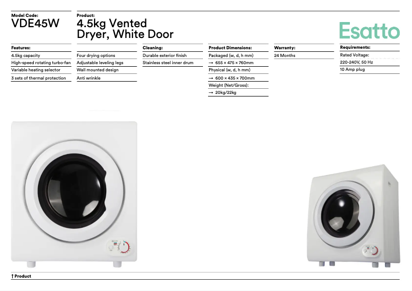Page 1 de la notice Fiche technique Esatto VDE45W