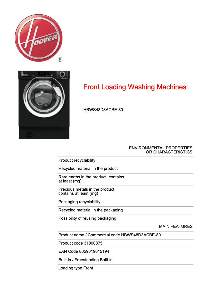 Page 1 de la notice Fiche technique Hoover H-WASH 300 LITE HBWS48D3ACBE-80