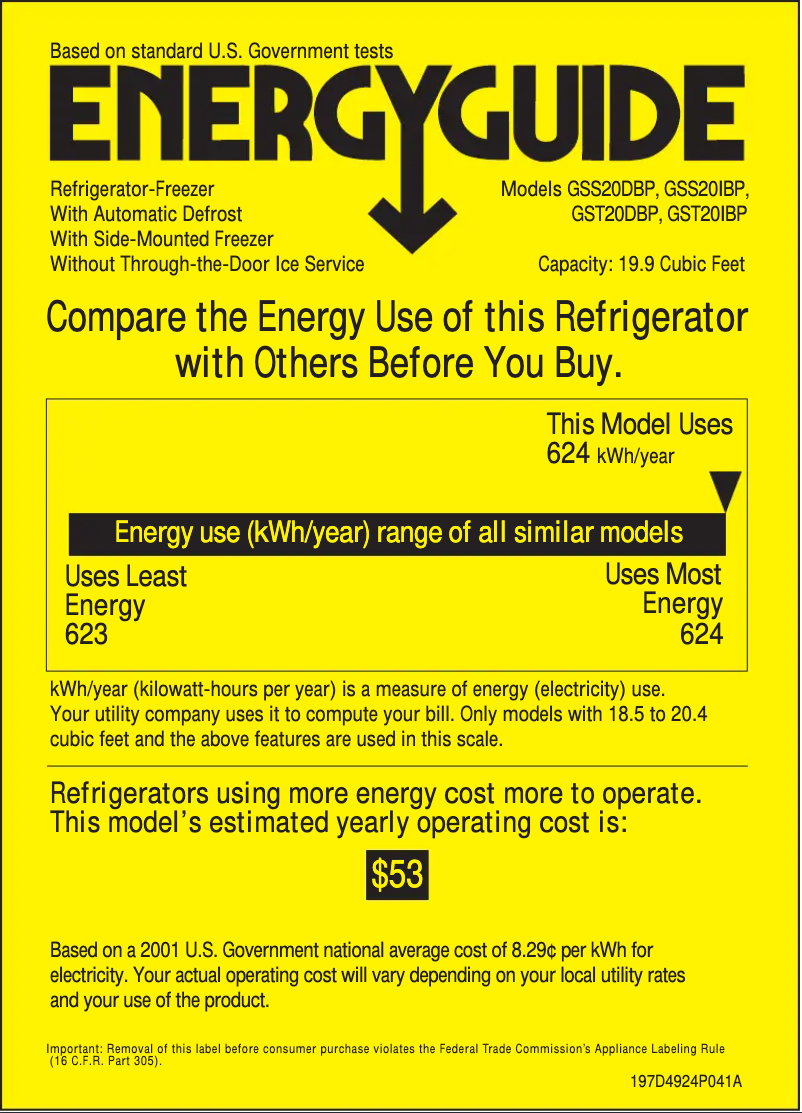Page 1 de la notice Label énergétique GE GSS20DBPWW