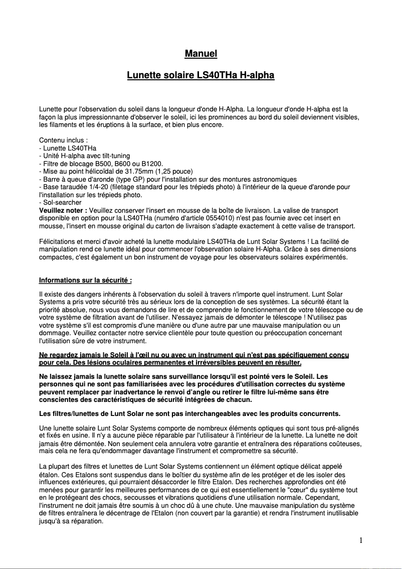 Page n°1 - Manuel utilisateur Lunt Solar Systems LS40THa