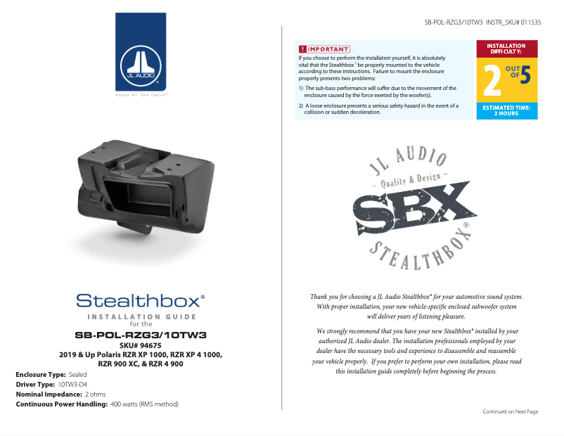 Page n°1 - Manuel utilisateur JL Audio Stealthbox SB-POL-RZG3/10TW3