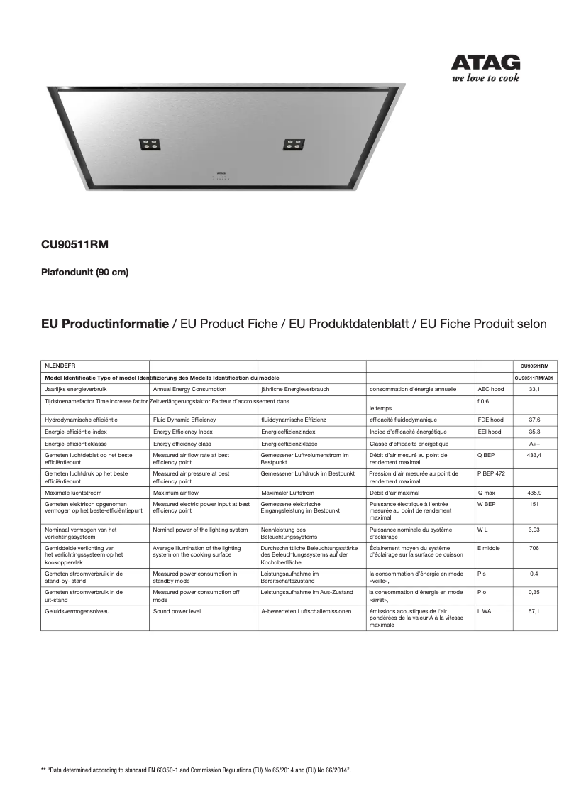 Page 1 de la notice Fiche technique Atag CU90511RM