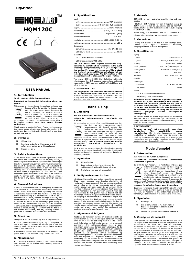 Page 1 de la notice Manuel utilisateur HQ Power HQM120C