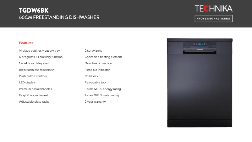 Page 1 de la notice Fiche technique Technika TGDW6BK