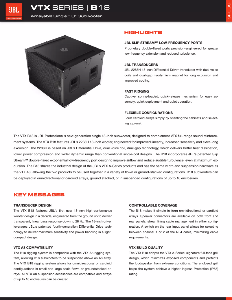 Page n°1 - Fiche technique JBL VTX B18