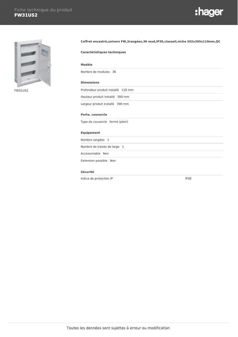 Page 1 de la notice Manuel utilisateur Hager FW31US2