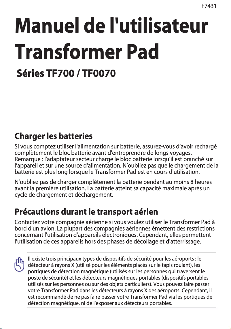 Page 1 de la notice Manuel utilisateur Asus Transformer Pad TF0070