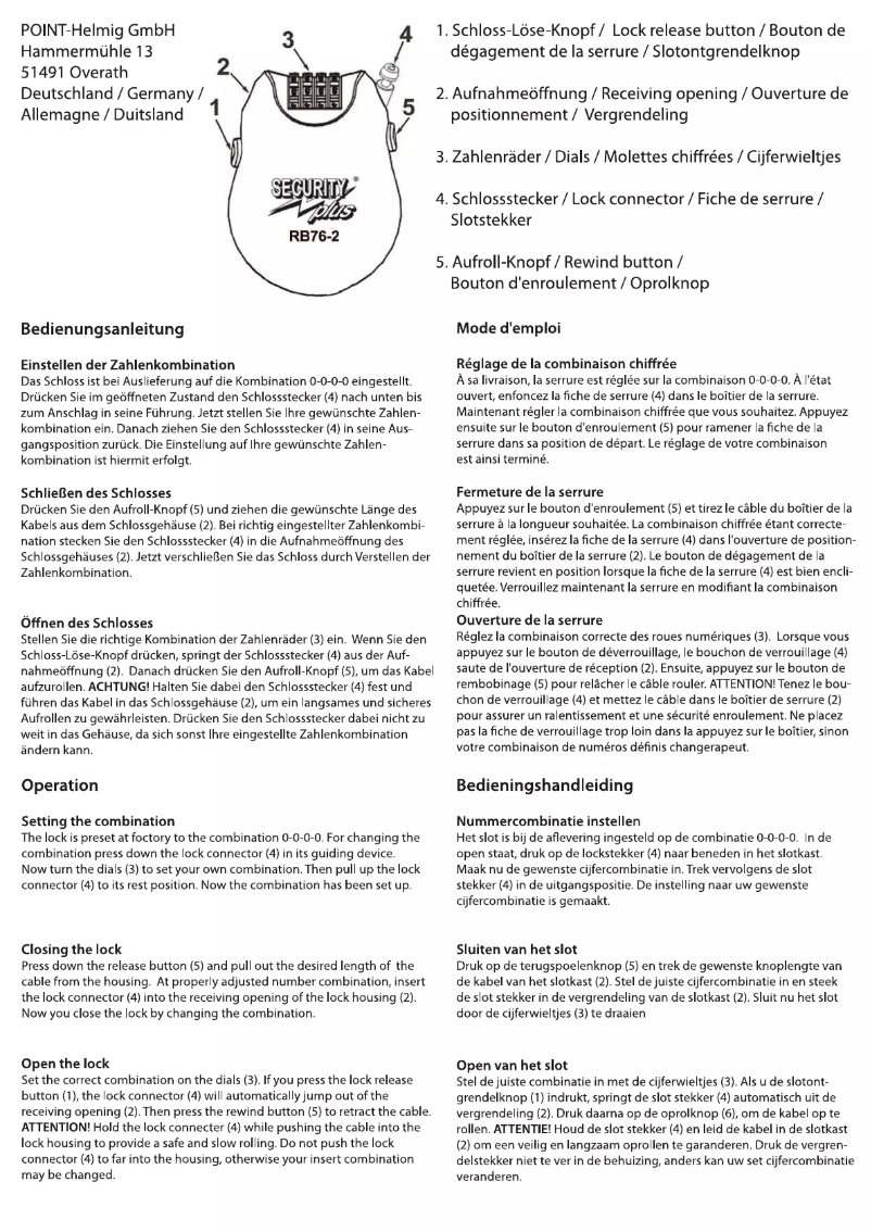 Page n°1 - Manuel utilisateur SECURITY plus RB76-2