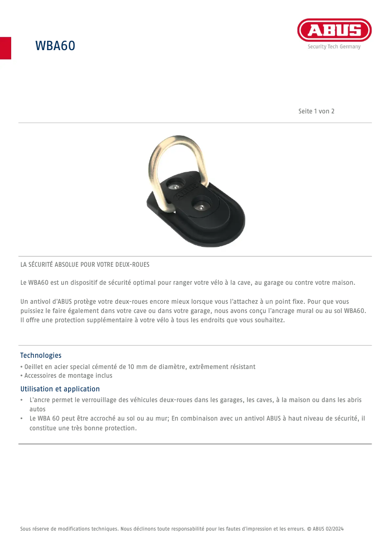 Page 1 de la notice Fiche technique Abus WBA60
