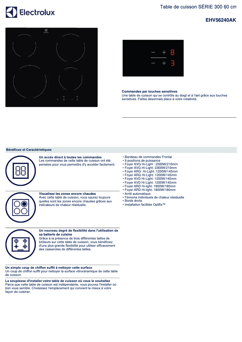 Page 1 de la notice Fiche technique Electrolux EHV56240AK