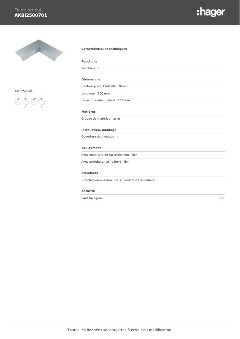 Page n°1 - Fiche technique Hager AKBI2500701