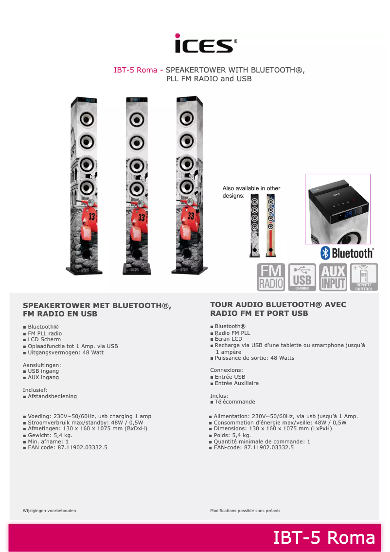 Page 1 de la notice Fiche technique Ices IBT-5 Roma