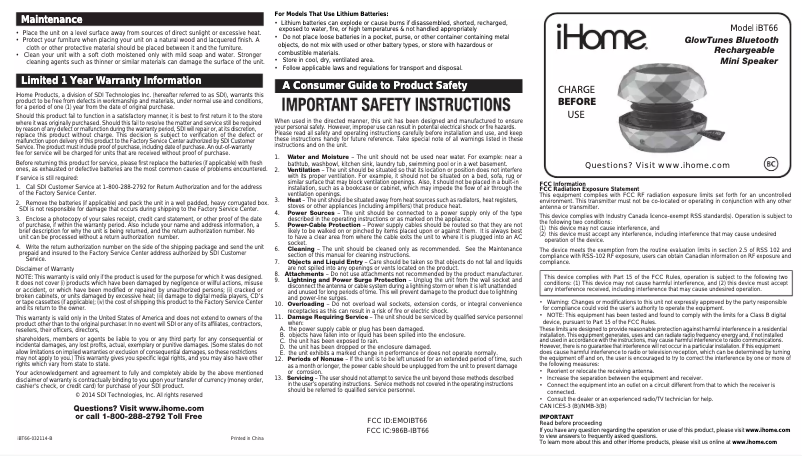 Page 1 de la notice Manuel utilisateur iHome iBT66