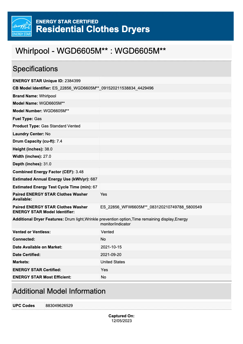 Page n°1 - Label énergétique Whirlpool WGD6605MW