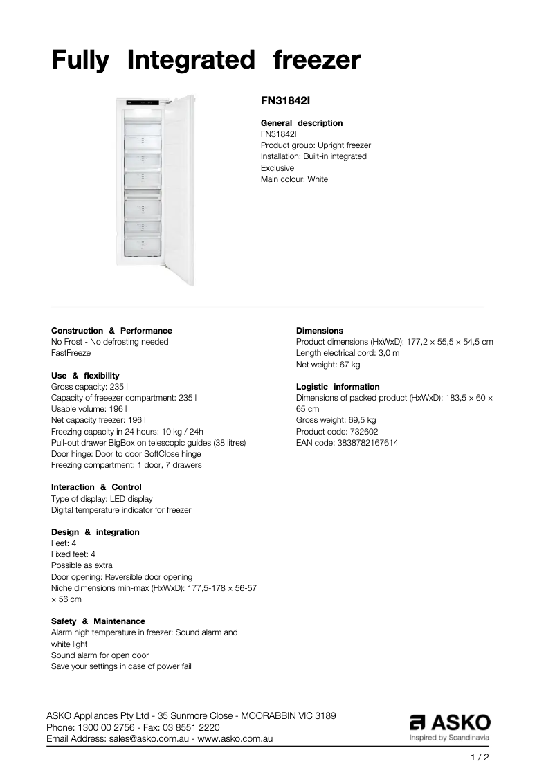 Page 1 of the manual Technical Sheet Asko FN31842I