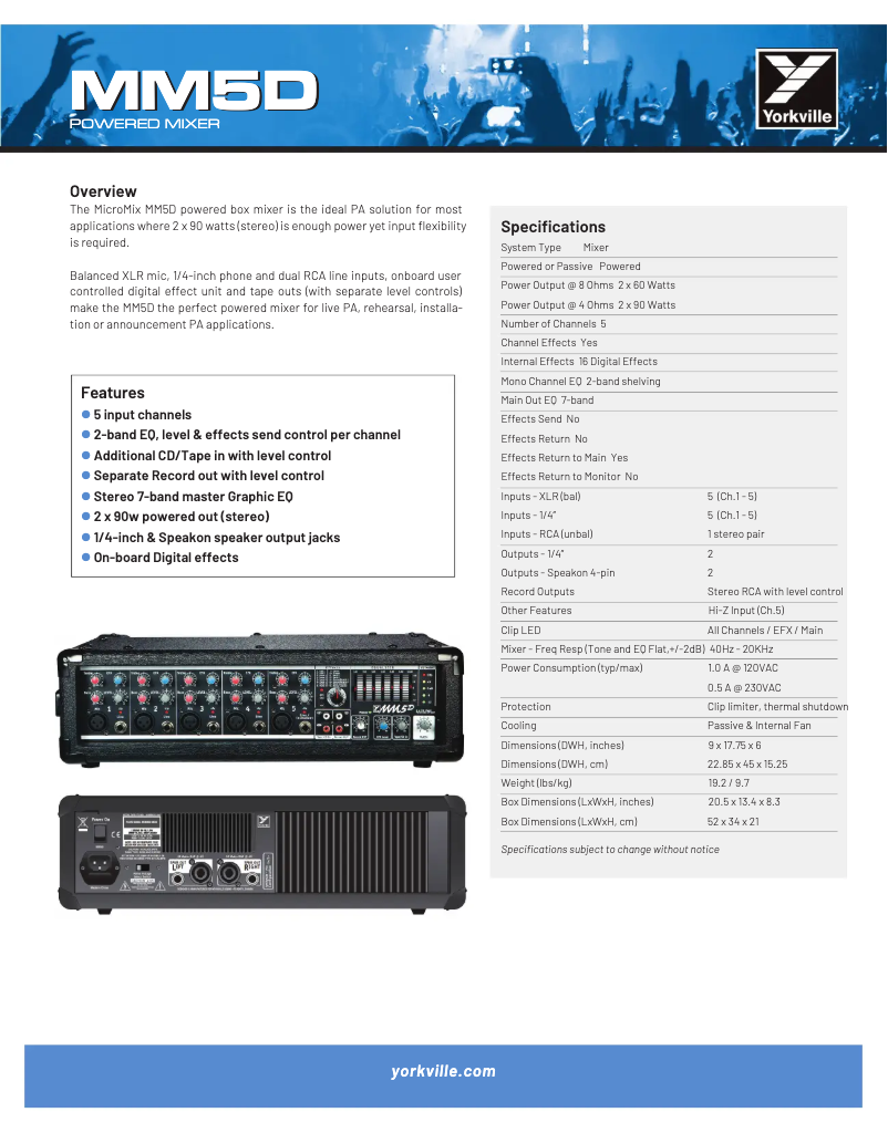 Página 1 del manual Ficha técnica Yorkville MM5D