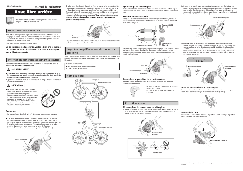 Page n°1 - Manuel utilisateur Shimano FH-TX800-QR