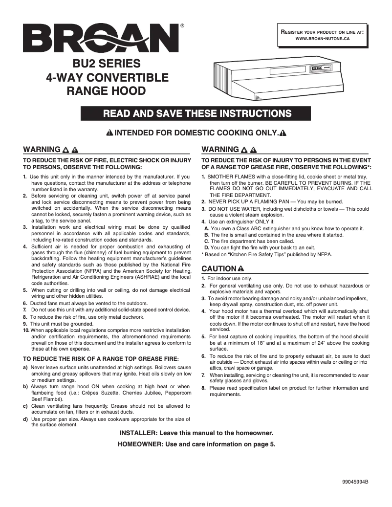 Page 1 de la notice Guide d'installation Broan BU230WH