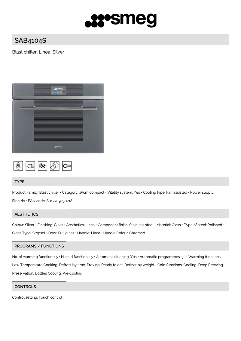 Page 1 de la notice Fiche technique Smeg SAB4104S