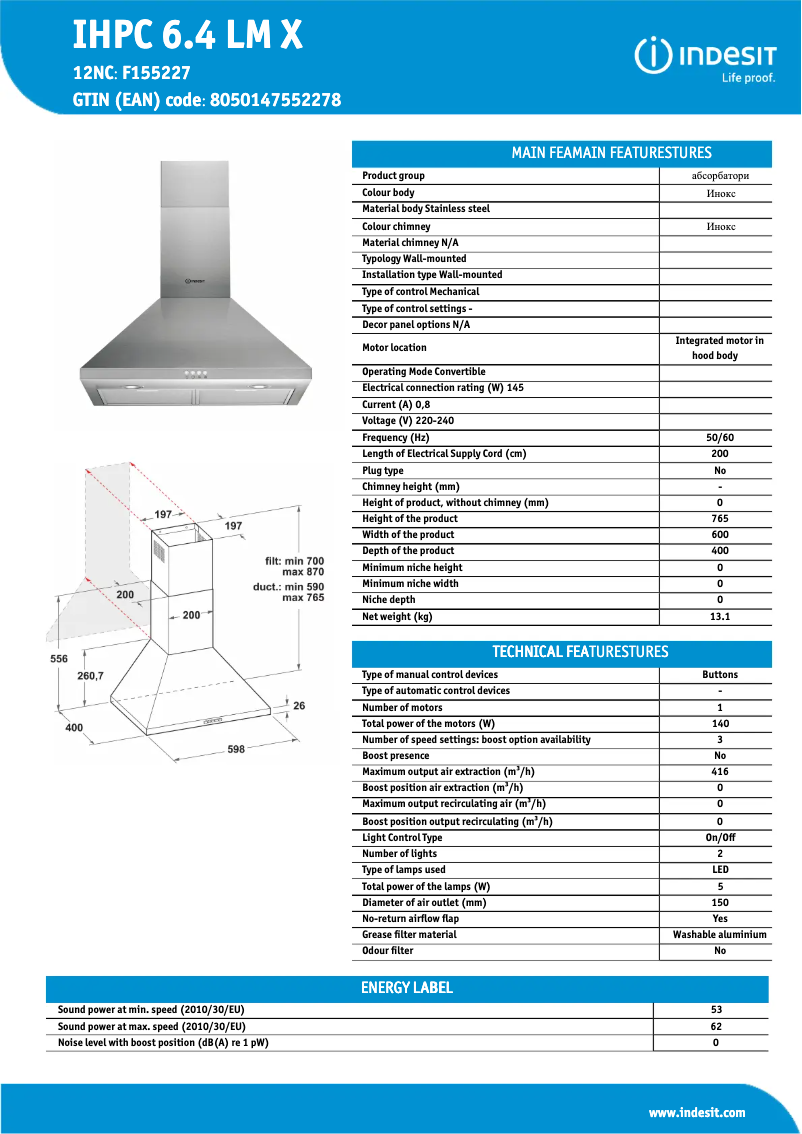 Image de la première page du manuel de l'appareil IHPC 6.4 LM X