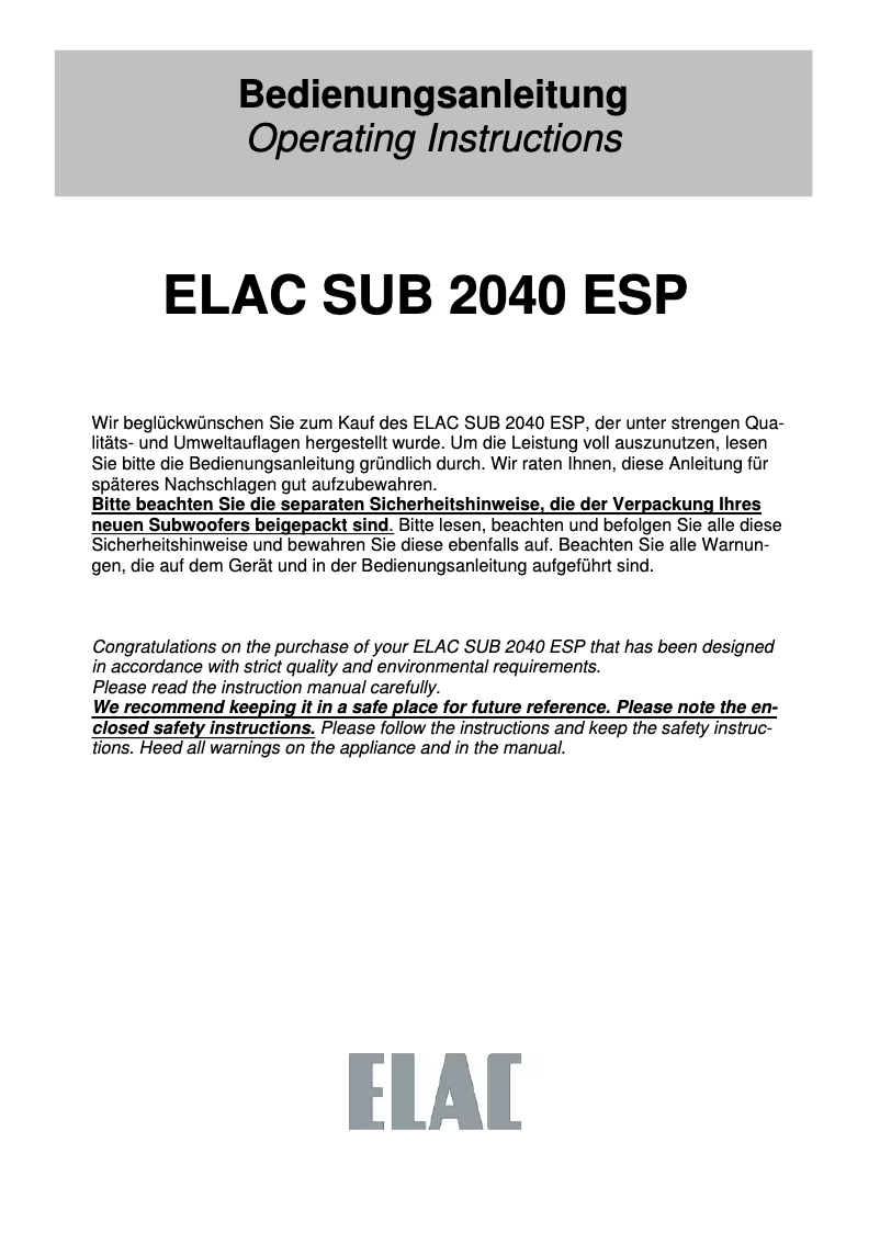 Page 1 de la notice Manuel utilisateur ELAC SUB 2040 ESP