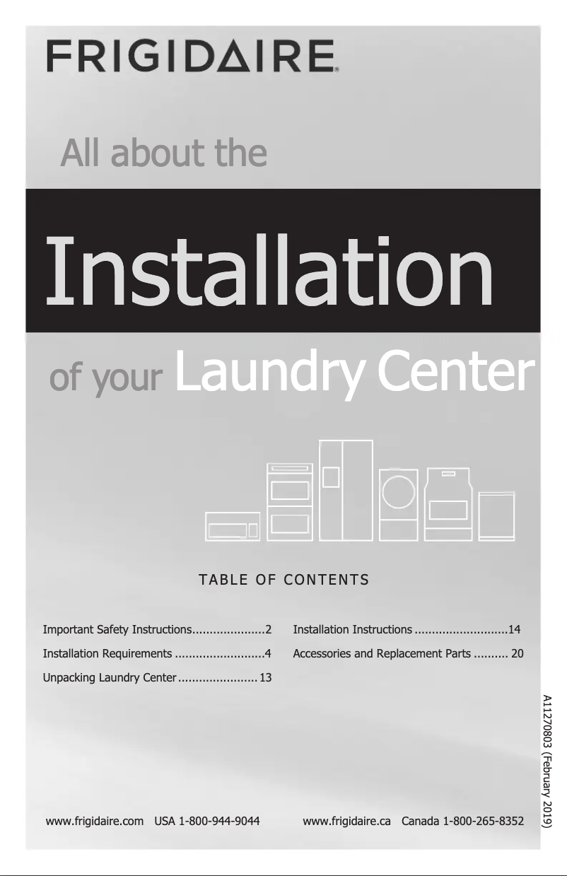 Page n°1 - Guide d'installation Frigidaire FFLE3900UW