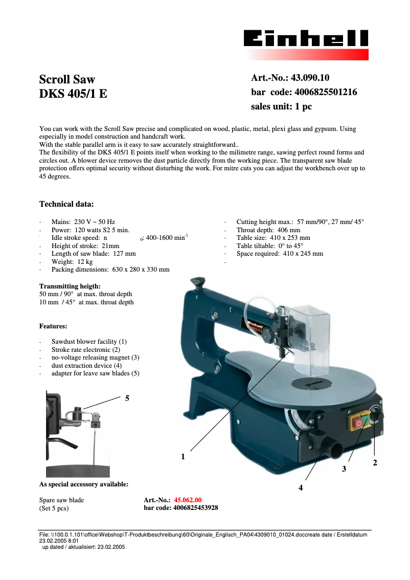 Page 1 de la notice Fiche technique Einhell DKS 405-1 E