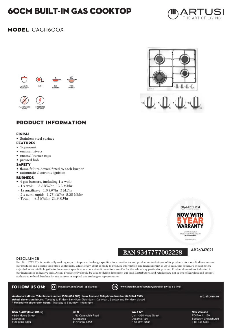 Page 1 de la notice Fiche technique Artusi CAGH600X