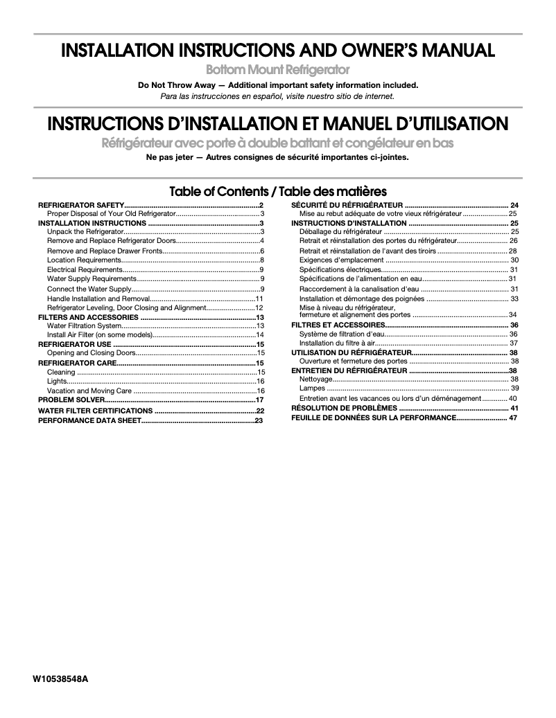 Page 1 of the manual Installation Guide Whirlpool WRX986SIHZ
