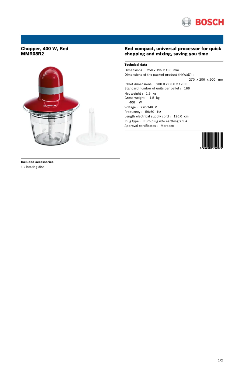 Page 1 de la notice Fiche technique Bosch MMR08R2