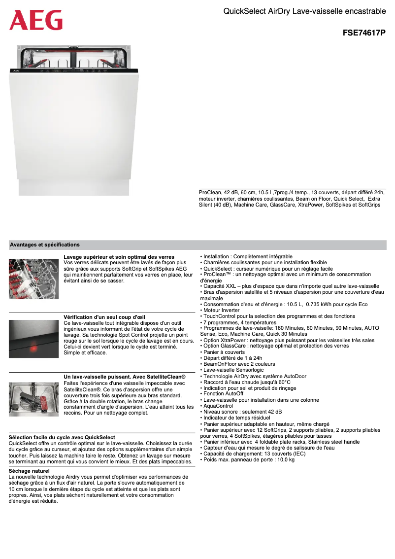 Page 1 de la notice Fiche technique AEG FSE74617P