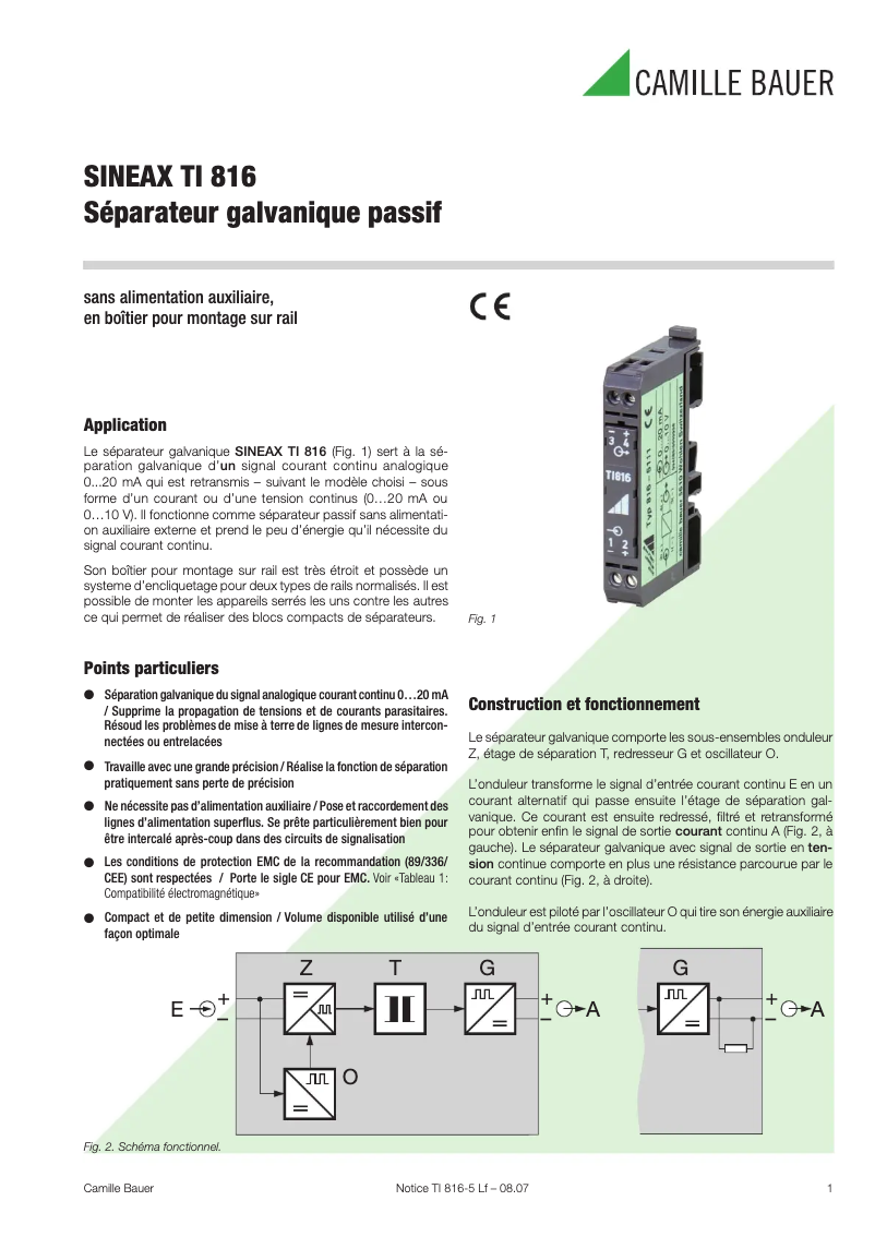 Page 1 de la notice Fiche technique Camille Bauer Sineax TI816