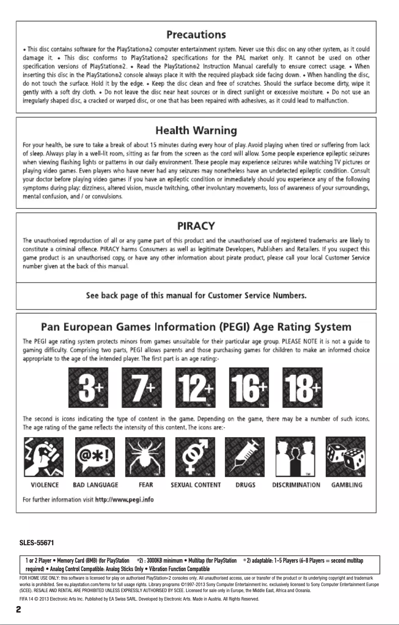 Page 1 de la notice Manuel utilisateur EA Fifa 14 (Playstation 2)