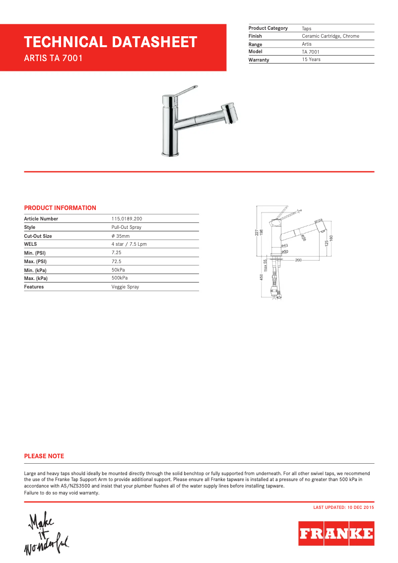 Page 1 de la notice Fiche technique Franke TA7001