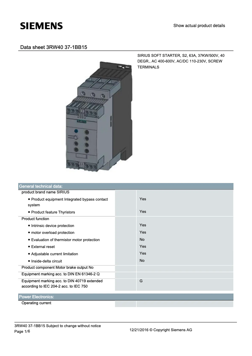 Page 1 de la notice Manuel utilisateur Siemens 3RW4037-1BB15