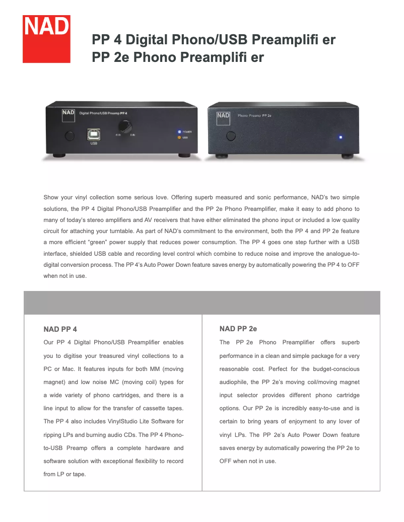 Page 1 de la notice Fiche technique NAD PP-2E