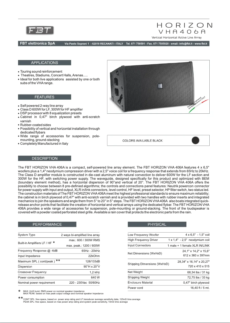 Page n°1 - Fiche technique FBT Horizon VHA 406 A