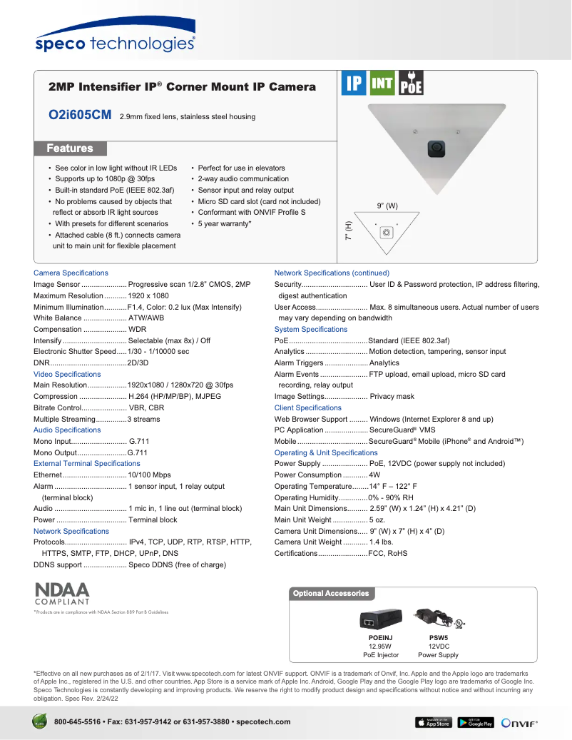 Page 1 de la notice Fiche technique Speco Technologies O2i605CM