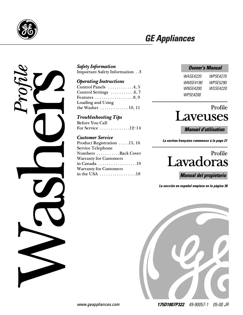 Image de la première page du manuel de l'appareil Profile WPSE5290AWW