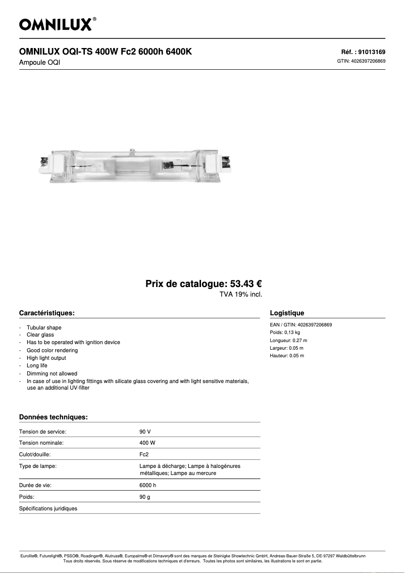 Page 1 de la notice Fiche technique Omnilux OQI-TS 400W