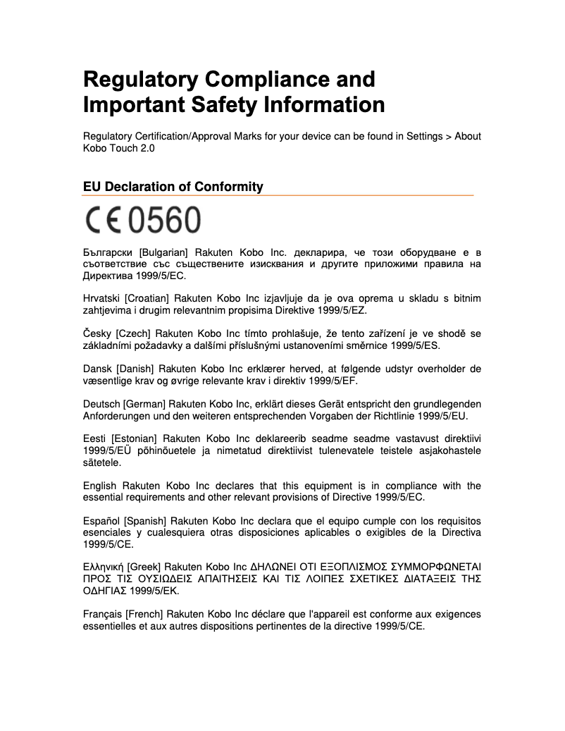 Page 1 de la notice Instructions de sécurité Kobo Touch 2.0