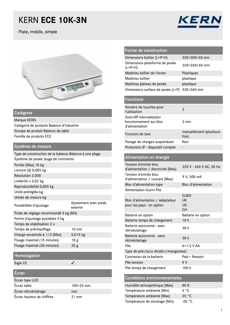 Page n°1 - Fiche technique Kern ECE 10K-3N