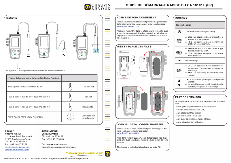 Page 1 de la notice Guide de démarrage rapide Chauvin Arnoux CA 10101E