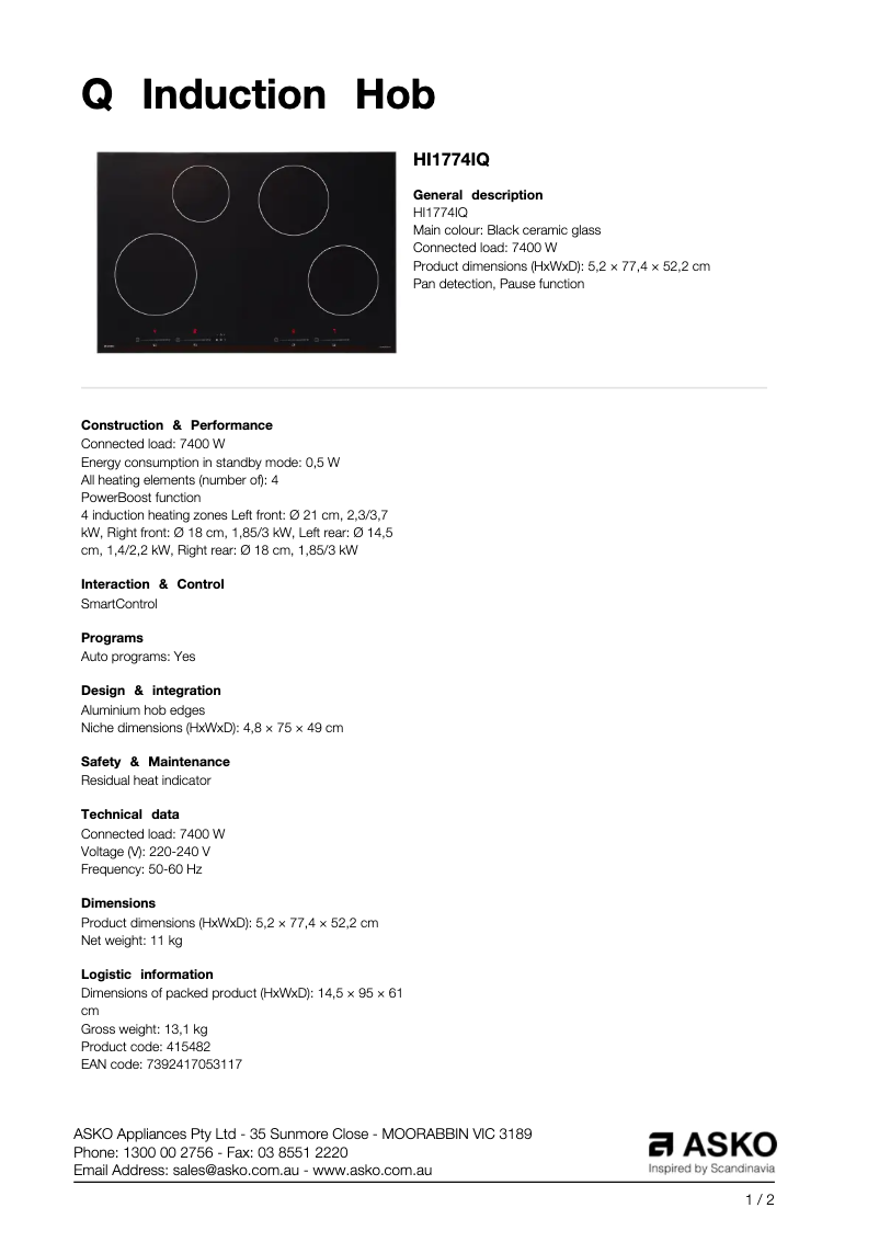 Page 1 de la notice Fiche technique Asko HI1774IQ