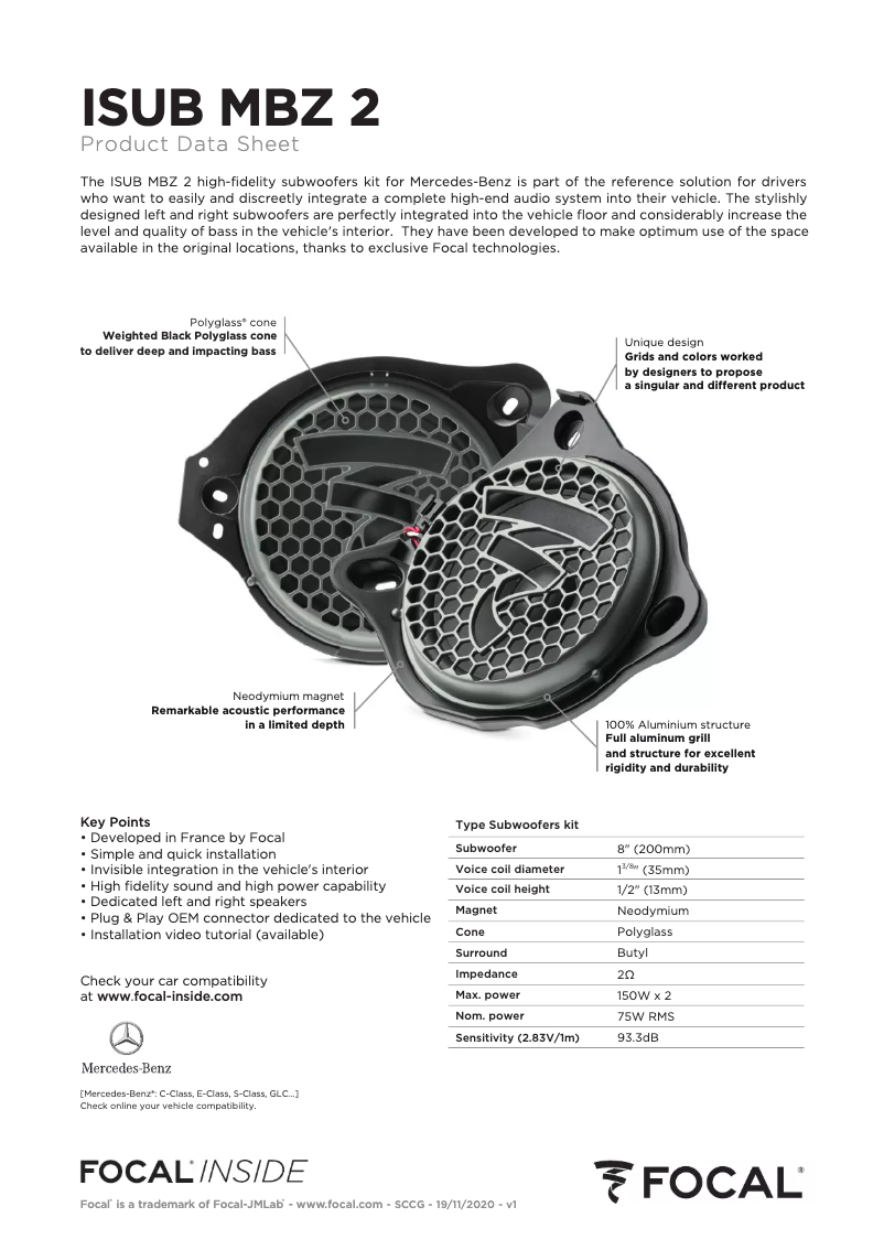 Page 1 de la notice Fiche technique Focal ISUB MBZ 2