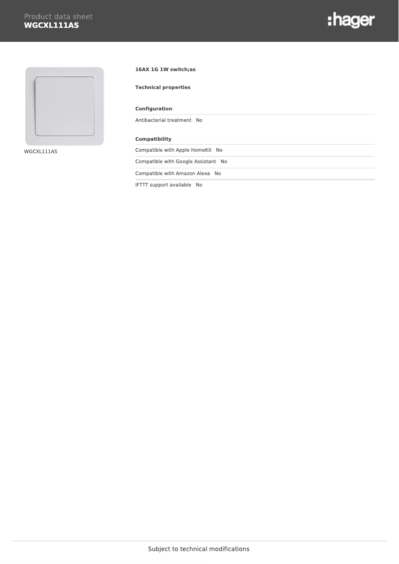 Page n°1 - Fiche technique Hager WGCXL111AS