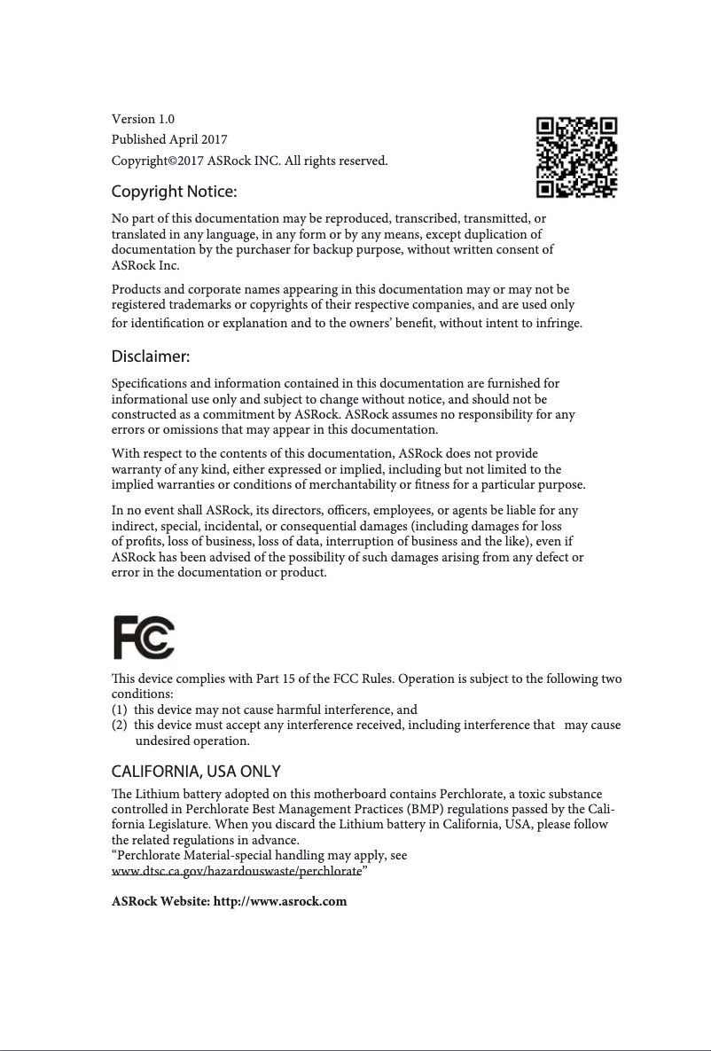 Page 1 de la notice Manuel utilisateur Asrock H110M-G/M.2