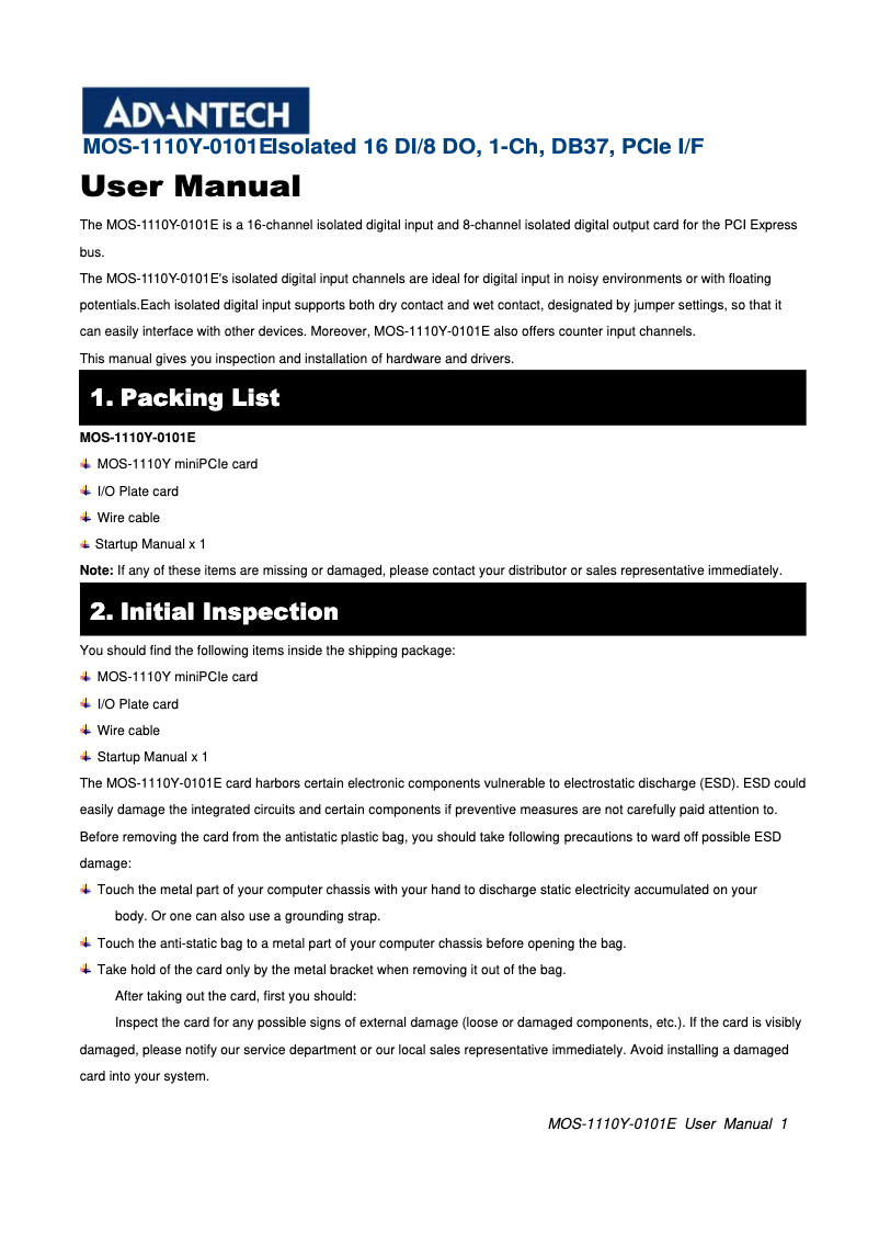 Page 1 de la notice Manuel utilisateur Advantech MOS-1110Y-0101E