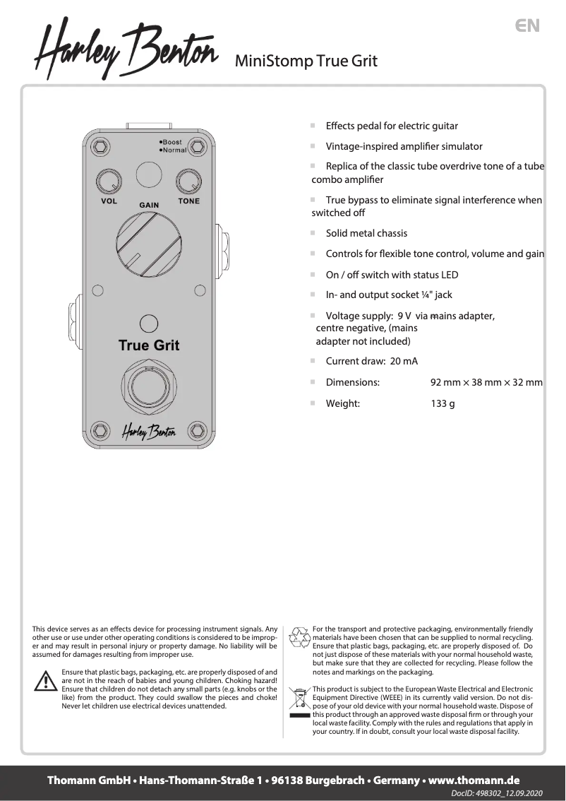 Page 1 de la notice Manuel utilisateur Harley Benton MiniStomp True Grit