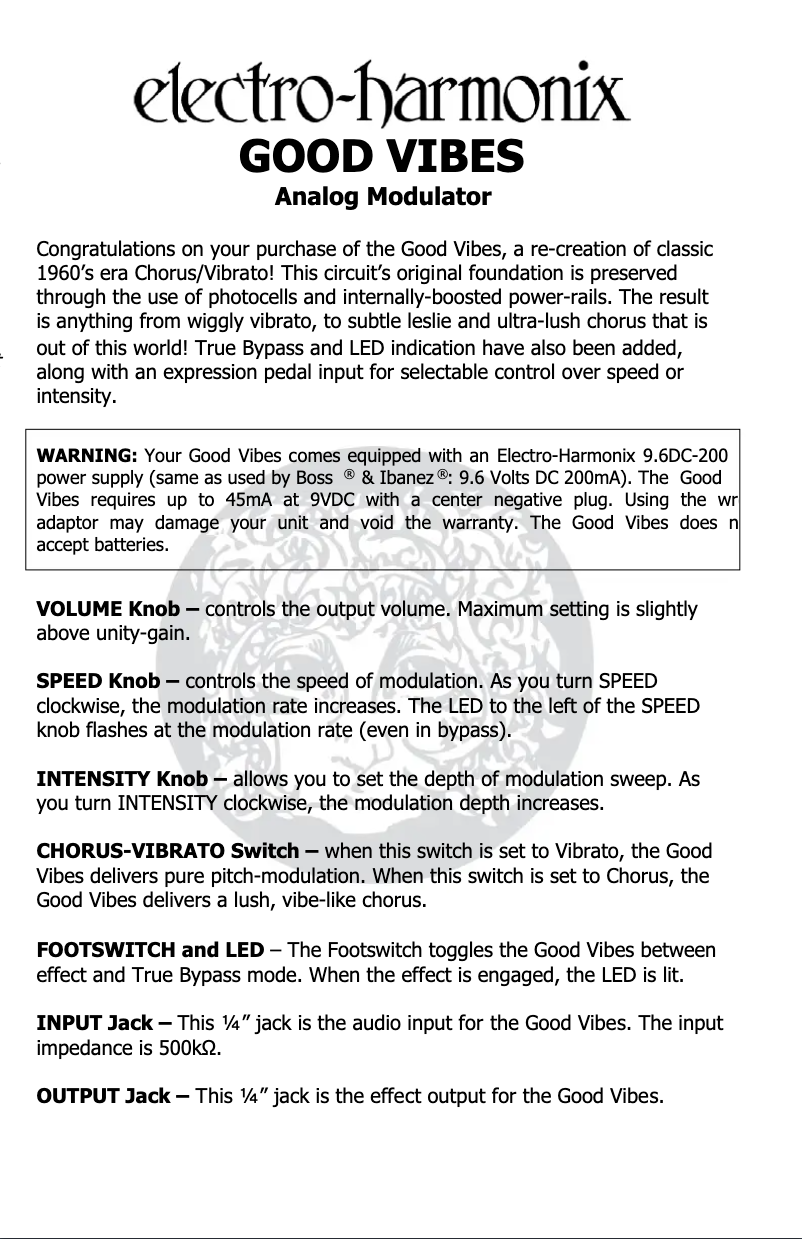 Page 1 de la notice Manuel utilisateur Electro Harmonix Good Vibes